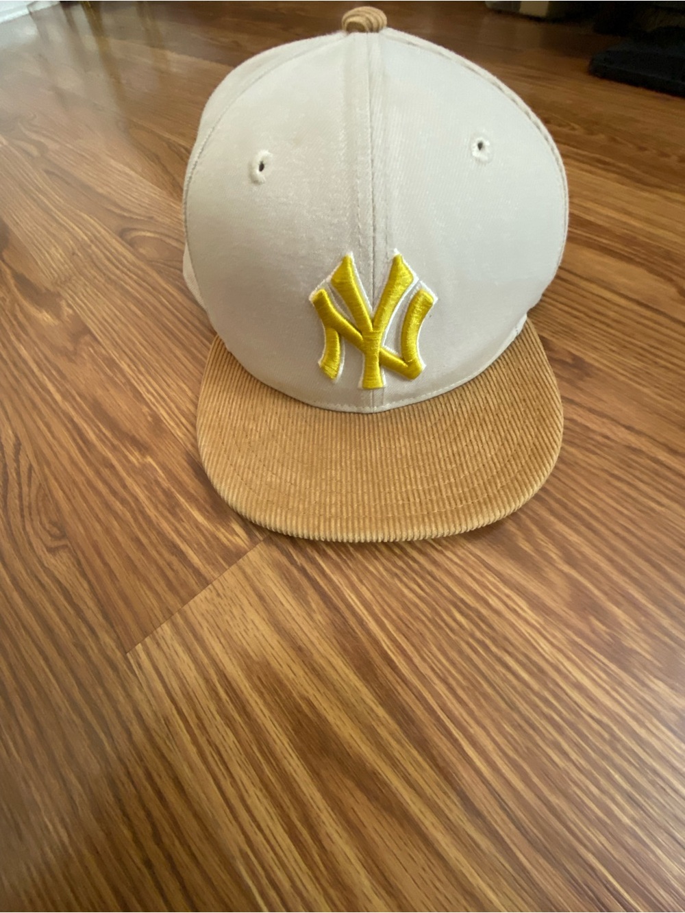 Kids Cream and Tan Corduroy Brim Cap with Yellow NY Yankee logo